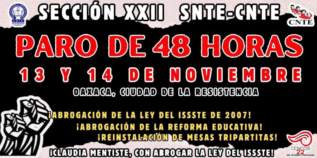 Sección 22 CNTE Oaxaca anuncia paro de 48 horas y plantón